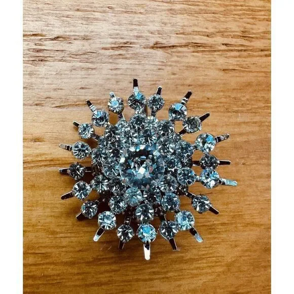 VTG Faceted Rhinestone Brooch Pin‎ Statement Silver Tone Star Burst Atomic Style - Picture 11 of 12